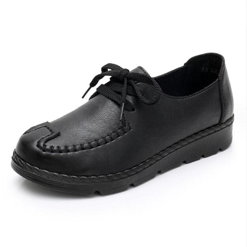 Fashion Spring Women Wedge Shoes Casual Loafers Female Black Soft Genuine Leather Flat Mother Shoes Comfort Female Black Work Shoes