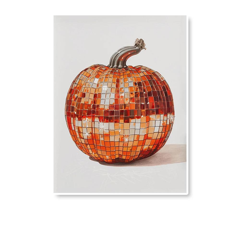 Orange Disco Pumpkin Prints and Posters, Retro Halloween Wall Arts, Fall Canvas Decoration, Wall Decor, No Frame