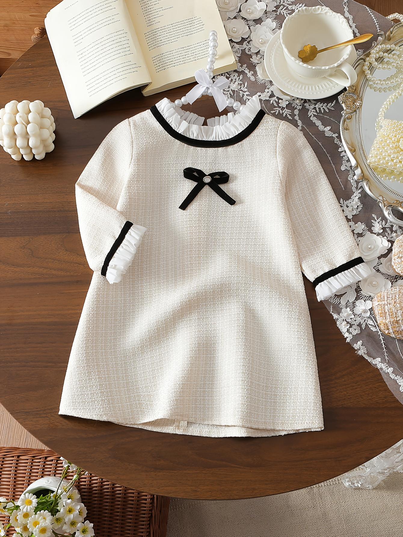 Baby Girls Elegant Tweed Dress - Round Neck Long Sleeve A-Line with Velvet Trim Bow, Korean Style Princess Dress for Party & Daily Wear 6-9M светло-бежевый