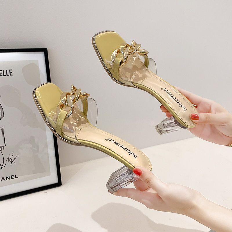 Nye gjennomsiktige høyhælte sandaler Gjennomsiktige tøfler Kvinners allsidige grove hæler En linje tøfler