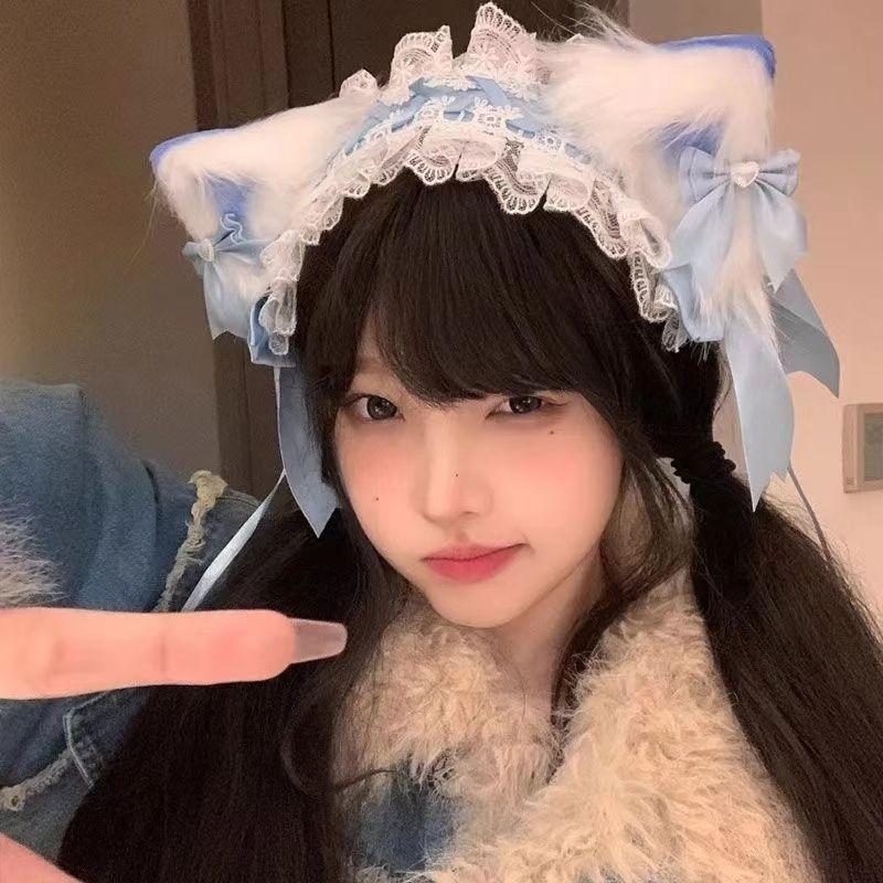 3Pcs/Set Women Y2K Girl Handmade Bow Lace Hairband Cat Ear Hair Clip Kawaii Headband Lolita Cosplay Hair Accessories