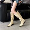 2025 new Korean version of pointed thick heel crocodile pattern tall tube thin but knee knight women's belt buckle boots