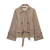 2026 Womens Plaid Short Trench Coat Double Breasted Casual Streetwear Outerwear