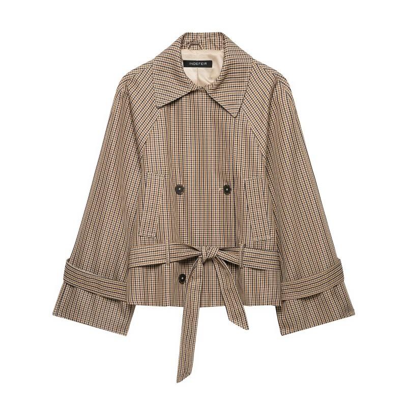 2026 Womens Plaid Short Trench Coat Double Breasted Casual Streetwear Outerwear