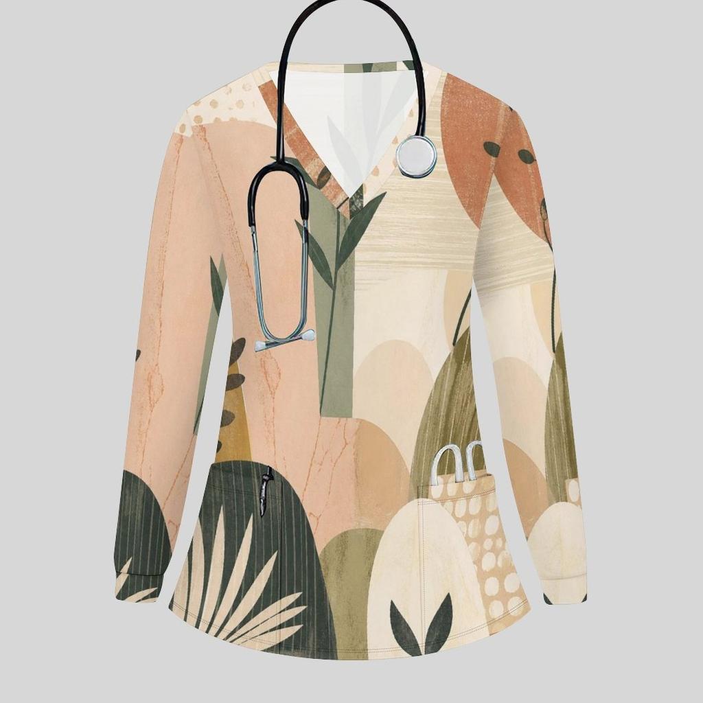 Women Plus Size Scrub Top V Neck Long Sleeve Abstract Botanical Print Front Pockets Medical Work Top