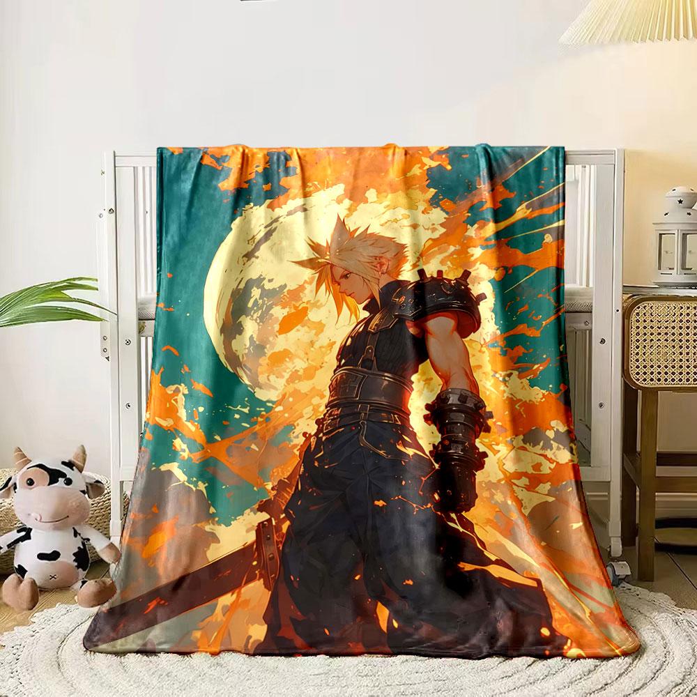 Fiery orange splashes surround a figure with spiked hair under a glowing moon. for all seasons blanket lunch break throw gift