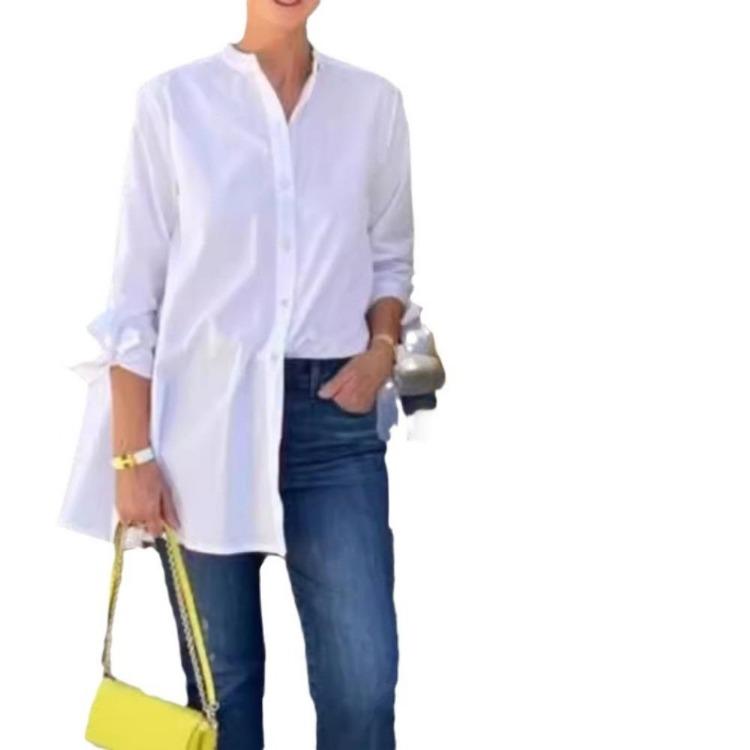 Chemise de bureau pour femme à manches longues Cardigan en coton Boutonnage simple Revers Mode Printemps Automne Professionnel Femme