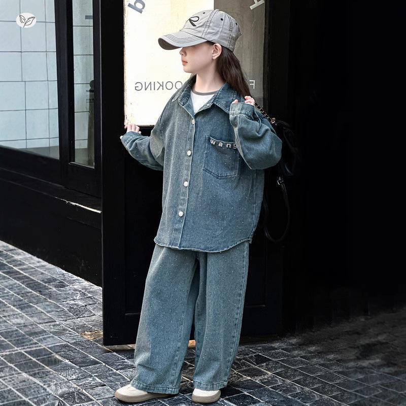 Rhinestone Denim Set voor Meisjes: Stijlvol Shirt & Wijde Broek voor Lente & Herfst (2026)