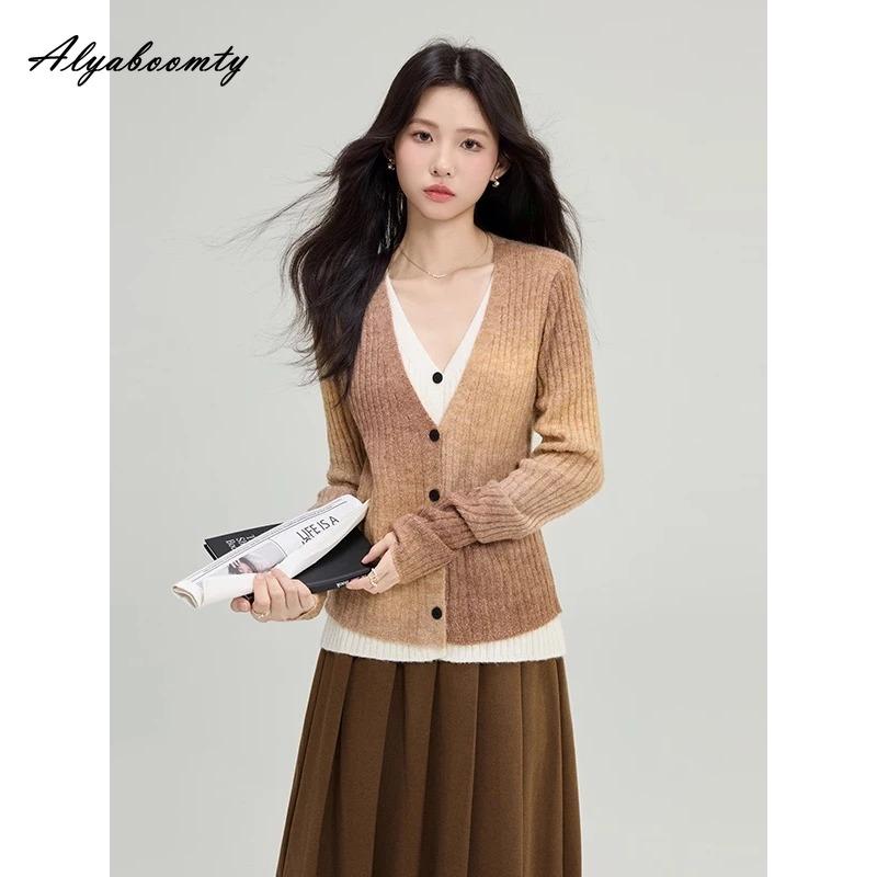 French Style Spring Autumn Women Knitted Cardigan Contrast Color V Neck Knitting Top Long Sleeve 1 Piece Patchwork Feminine Outerwear