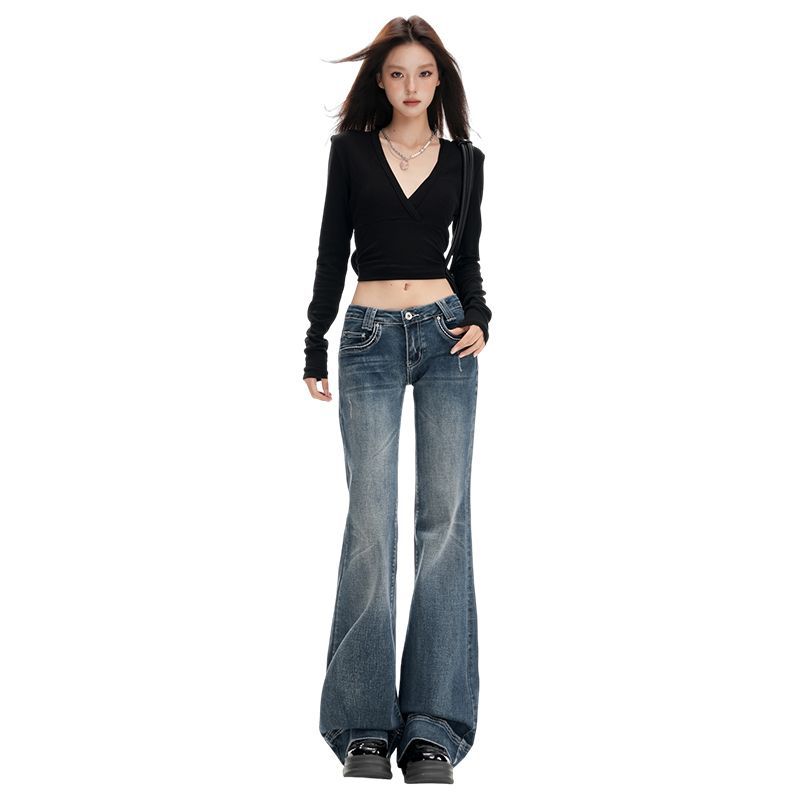 Autumn Winter Vintage Washed Blue Low Waist Stretch Y2K Floor Micro Flare Denim Pants For Women Casual Pants Oversize Denim Trousers