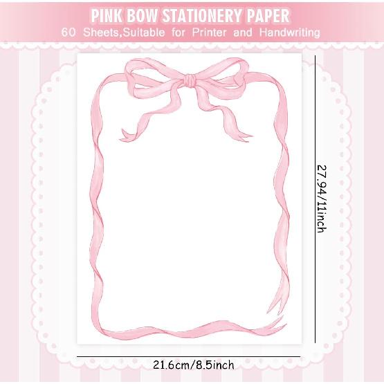 60 Sheets Bow Border Stationery Paper Pretty Pink Ribbon Bow Writing Paper For Party Invitation Office School Printing, 8.5 x 11 Inch, Single-Sided
