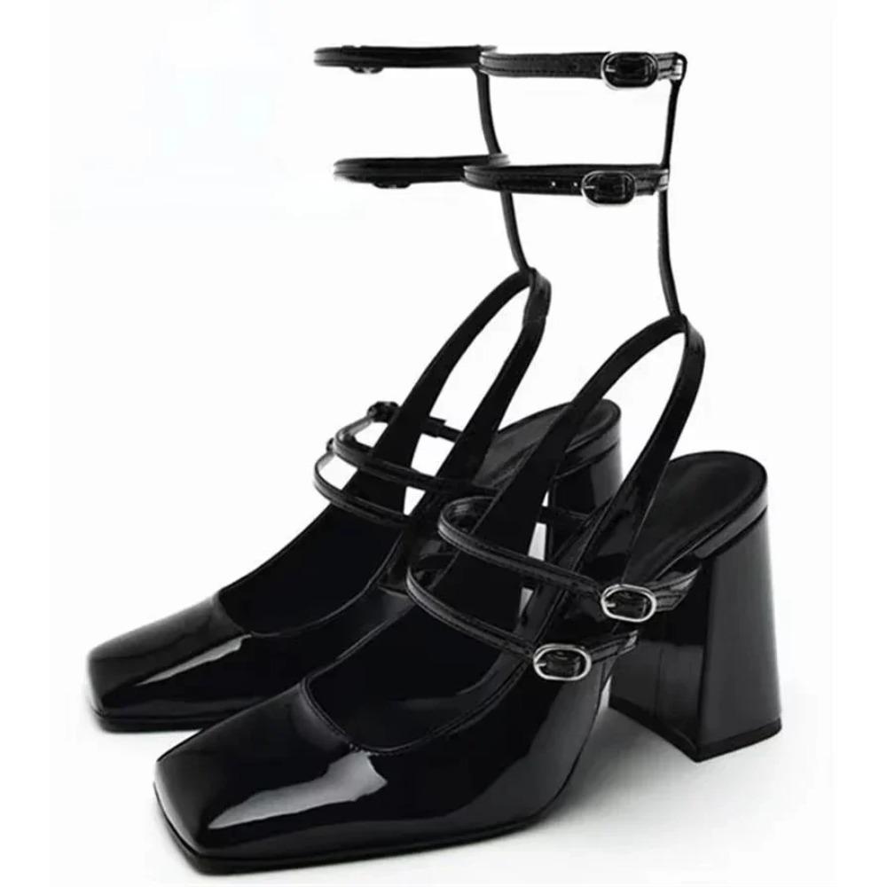 

Women Ankle Belt Buckle Chunky Slingback Shoes Female Women Fashion Square Toe Sandals Women Pumps 40 чорний