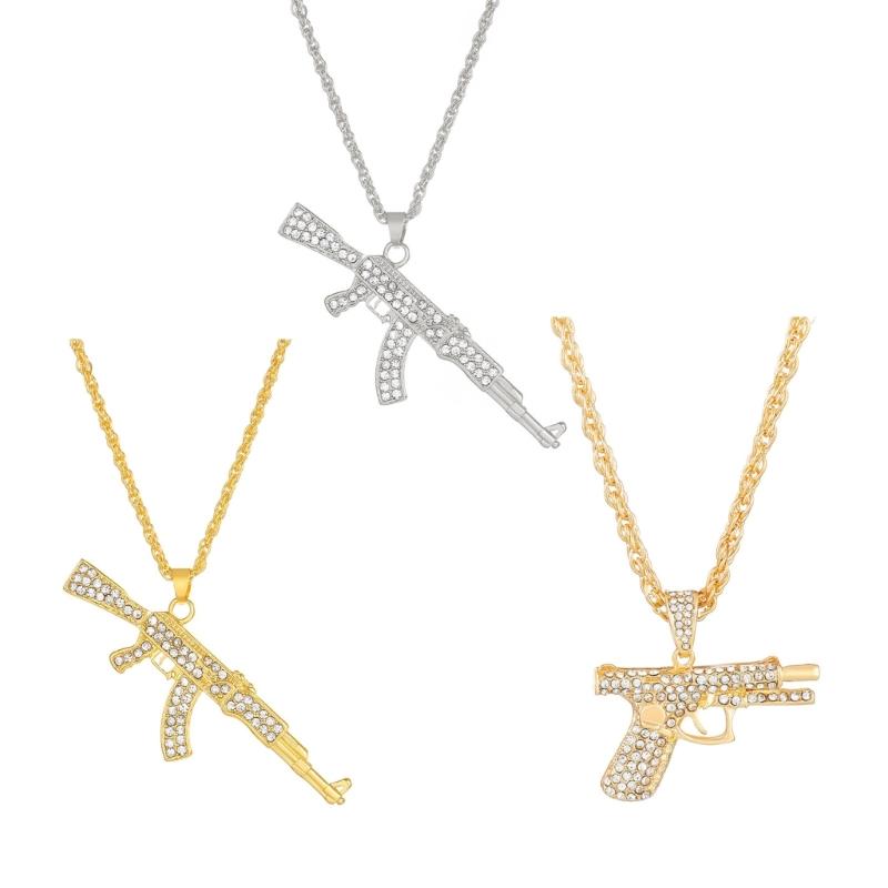 Stylish Submachine Guns Pendant Dazzling White Gold Plated Chain Hipsters Streetwear Diamond Accessory for Women and Men