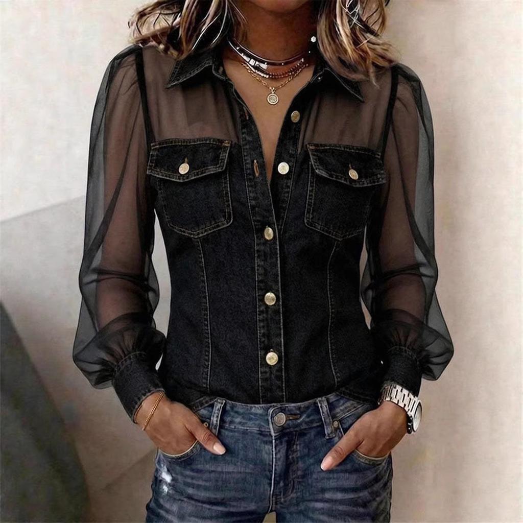 Ladies' Casual And Fashionable Imitation Denim Long Sleeved Top