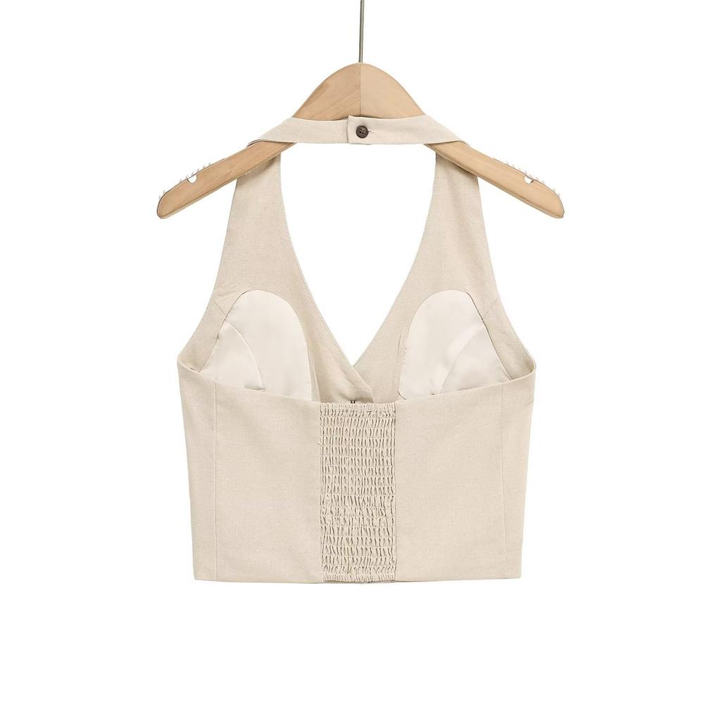 European and American style, new women's clothing, foreign style, fashionable, linen neck collar sleeveless casual top