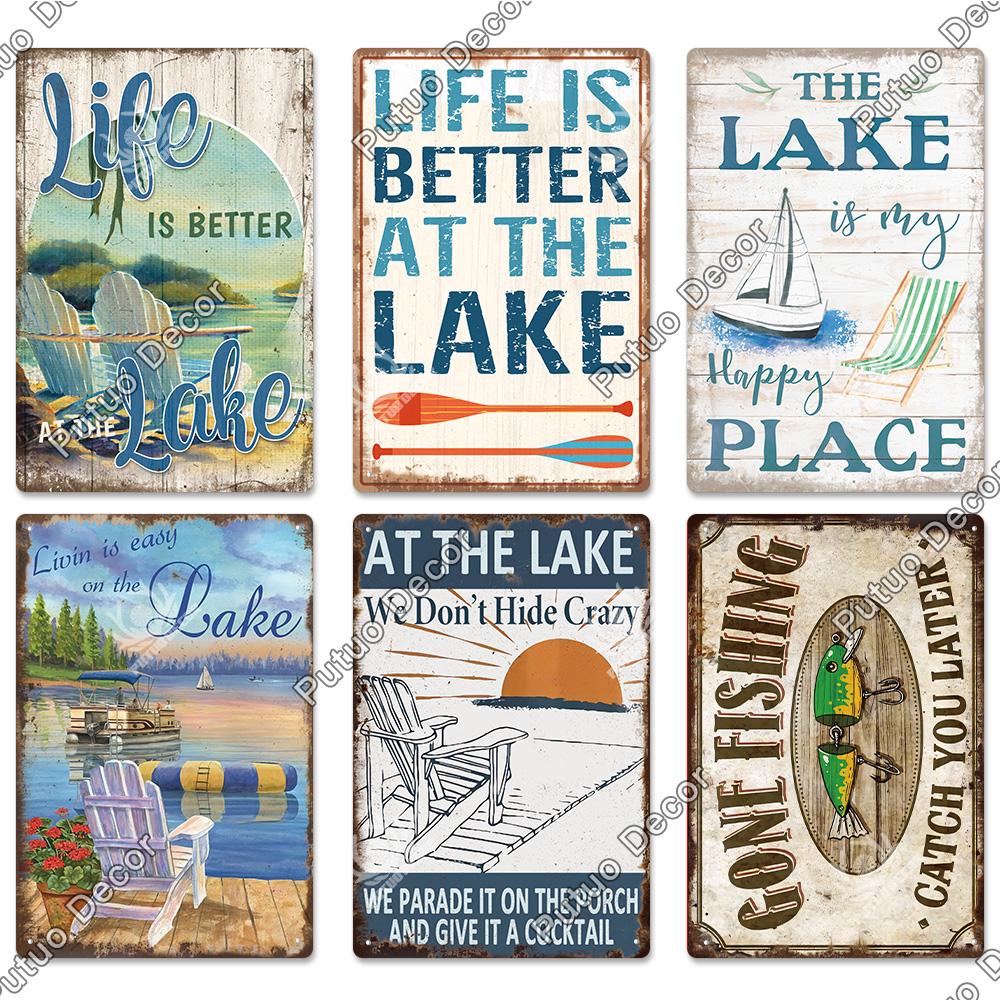 Putuo Decor Lake House Vintage Tin Signs Rustic Plaque Metal Plate Wall Art Decor for Living Room Kitchen and Entryway Posters
