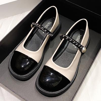 Palavra Suave com Sapatos Mary Jane de Pérola com Combinação de Cores Retrô Estilo de Verão Feminino
