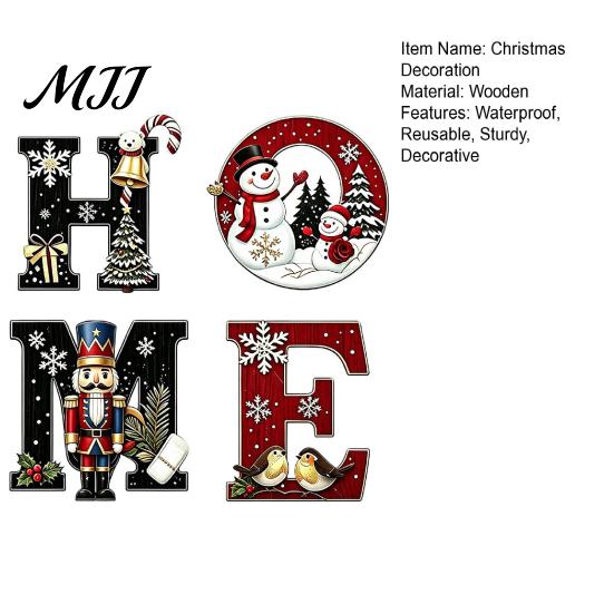 Nutcracker Themed Home Sign 4Pcs Christmas HOME Wooden Letter Wall Decor, Hanging with Snowman Reusable Set Tree Art, Waterproof Farmhouse Holiday