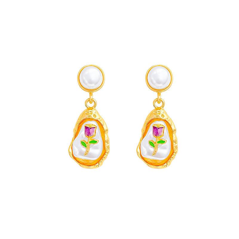 Irregular Imitation Pearl Drop Earrings for Women Rose Flower Pattern Dangle Earrings Retro Geometric Personality Jewelry Gift