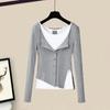 Women's Suit Spring and Autumn Gray Fake Two-piece Blouse, Bottoming Shirt, Split Wide-leg Casual Pants, Three-piece Suit for Women