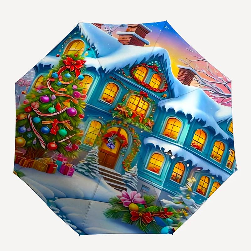 Christmas, Winter Wonderland Theme 8 Bone Hand Automatic Folding Umbrella, Compact and Portable Design, A Perfect Gift for Birthday, Christm