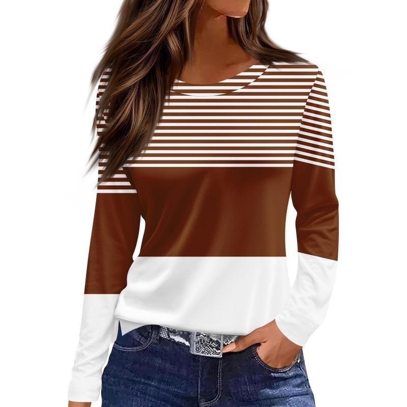 Spring And Autumn Long Sleeve Gradient Stripe Printed T-Shirts Women Basic Casual Tops Female Loose Round Neck Tees Harajuku Clothing