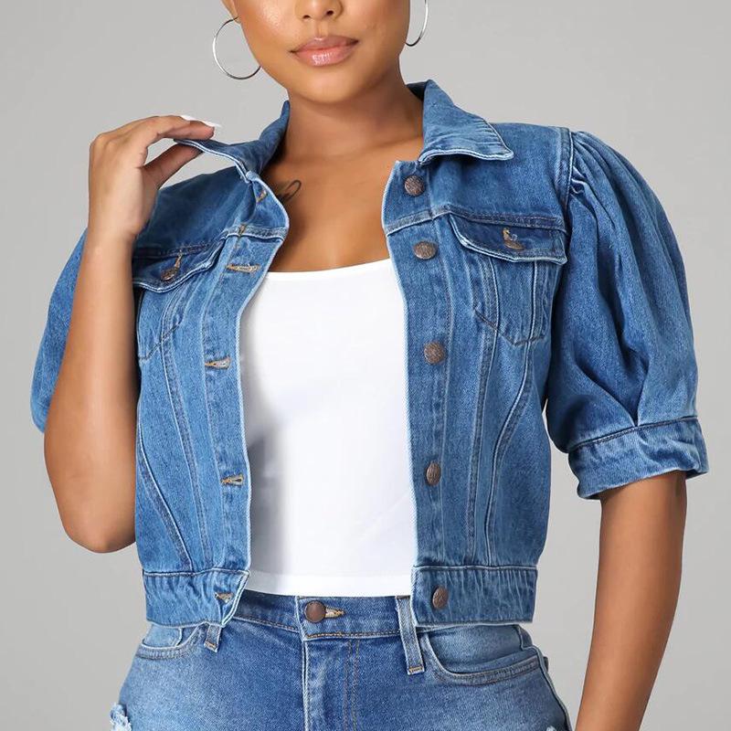 

New Style Women s Denim Puff Sleeve Short Jacket XXL