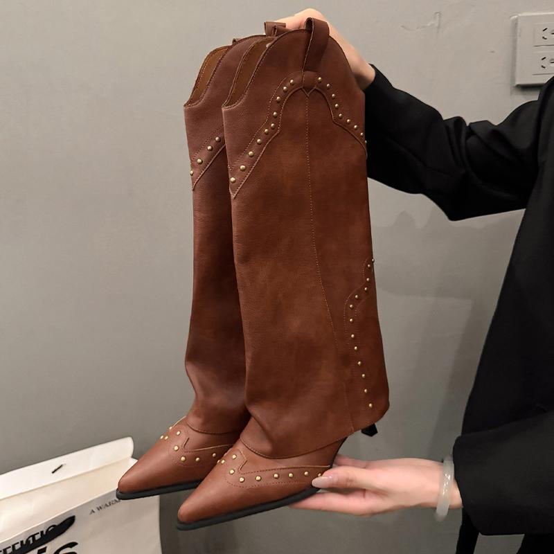 Woman Cowgirl Boots Slip on Ladies Elegant Square Heel Long Pipe Boots Shoes Retro Women's Winter Footwear