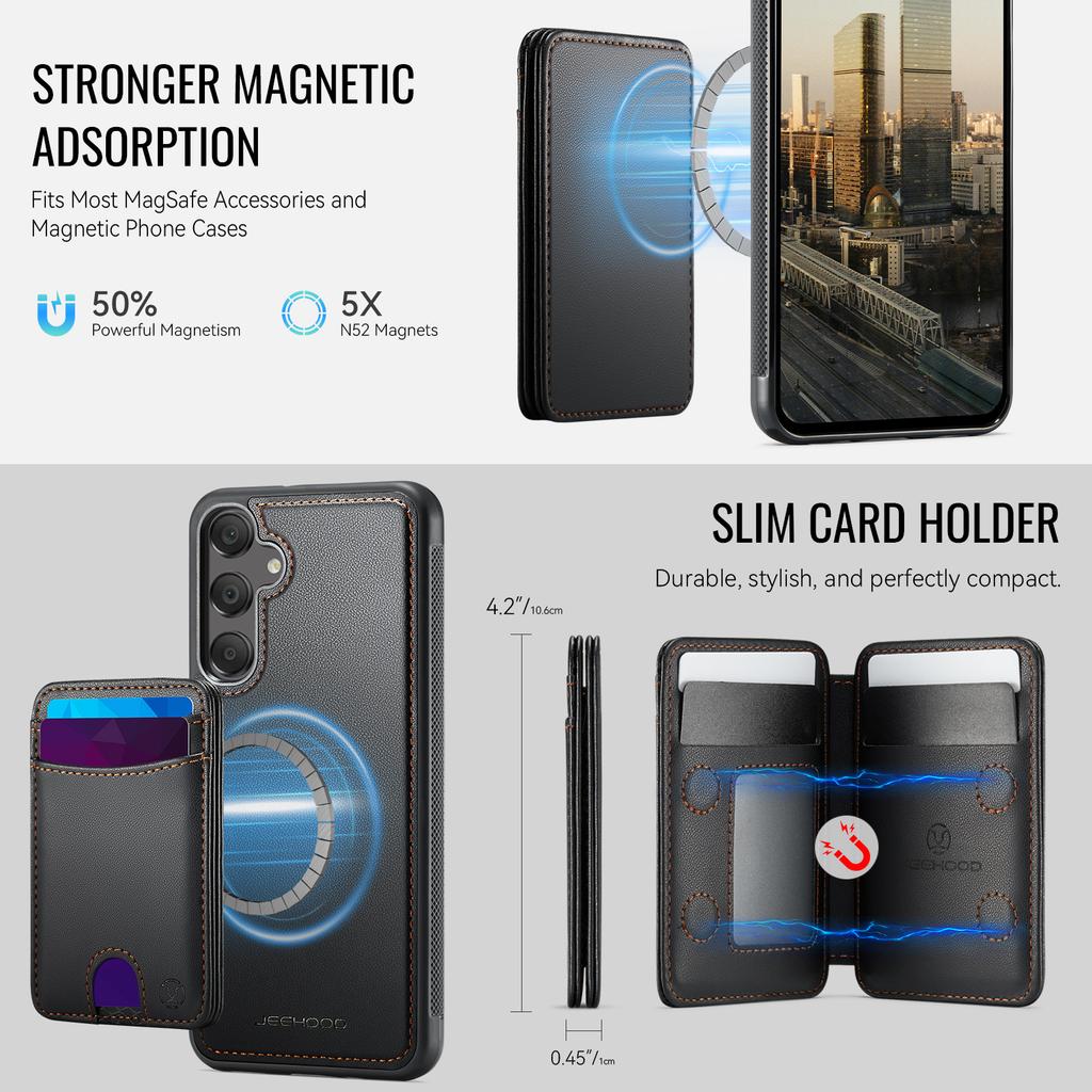 For Samsung Galaxy A15 5G/Galaxy A15 4G Magnetic Case JEEHOOD J10 Leather Back Phone Cover with Detachable Card Holder Kickstand