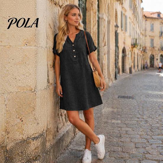 Travel Friendly Dress Summer Short Sleeve for Women, Casual Button Up V Comfortable Everyday Neck A-line Dress, Flowy Beach Vacation Sundress