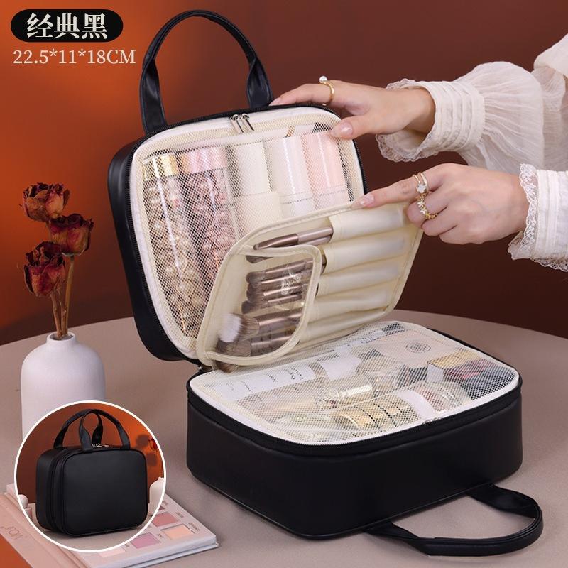 Multifunctional Makeup Bag for Women PU Leather Large Capacity Portable Double Zipper Travel Makeup Brush Toiletries Storage Bag