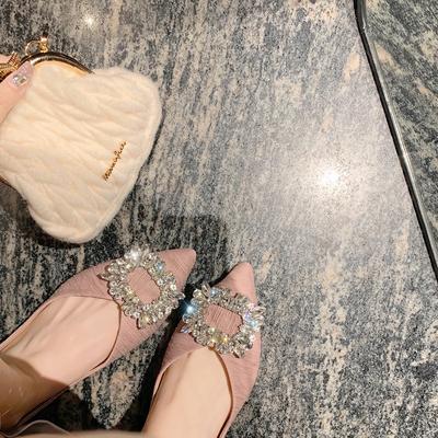 Premium Sheepskin Version~ French Square Buckle Rhinestone Pointed Head Shallow Mouth Fairy Flat Shoes Women's Single Shoes