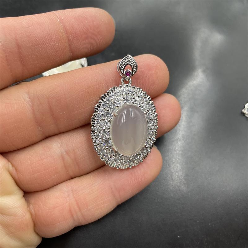 Inlaid Ice White Chalcedony Agate Maitreya Buddha and Bean Peace Pendant with Jade Chicken Heart Design