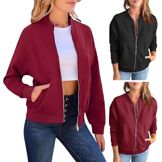 Women's Full Zip Up Jacket Spring Fall Long Sleeve Short Sweatshirt Casual Loose Outwear with Pockets