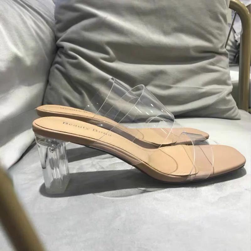 Summer Women Pumps Sandals 9cm Jelly Slippers Sexy Open Square Toe High Heels Women Transparent Slippers Shoe Heel Clear Sandals