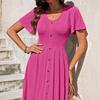 IHUASU Summer Solid Color Print Women's Dress U-Neck Button Elastic Casual Temperament Short-sleeved Loose Dress