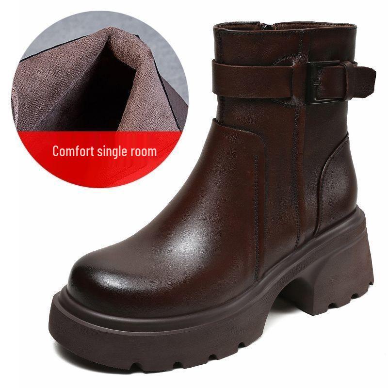 2025 Women's Genuine Leather Martin Boots - Warm, Thickened, Single Cotton Boots for Spring, Autumn, and Winter.