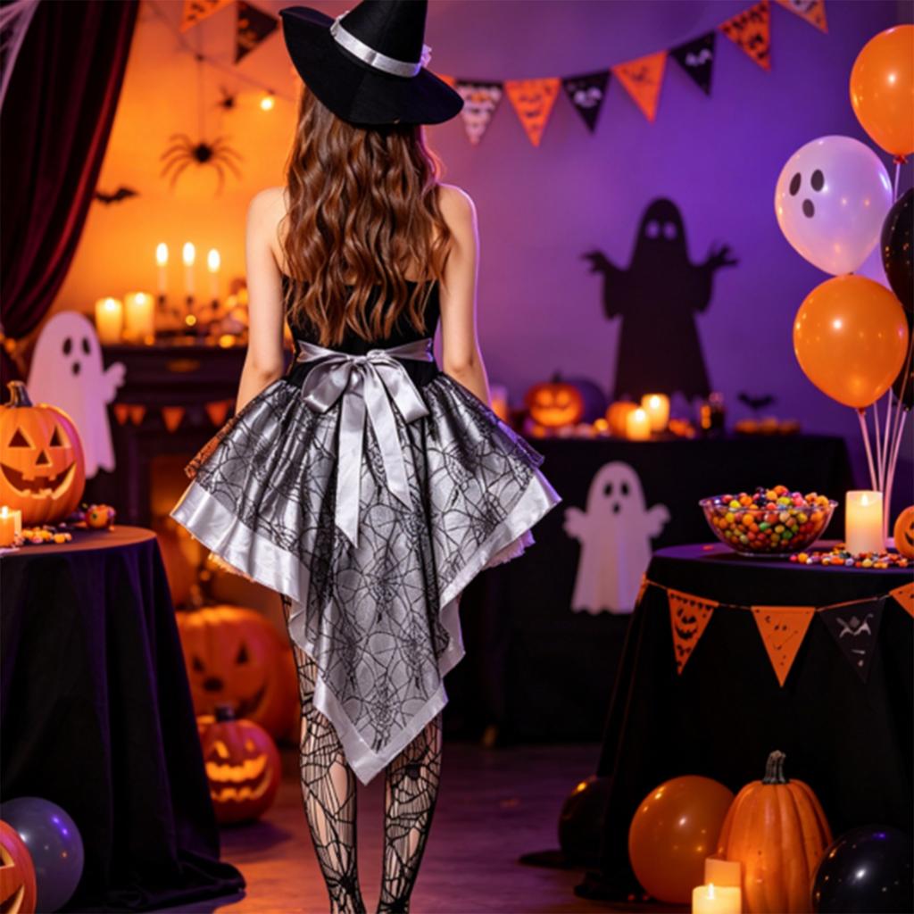 Damen Halloween Hexenkostüm Spaghettiträgerkleid mit Hut und Armband Set