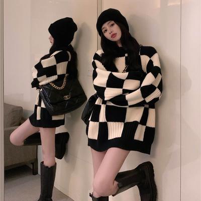 Checkerboard Sweater Women's Autumn and Winter Top Retro Japanese Lazy Style Knit Sweater