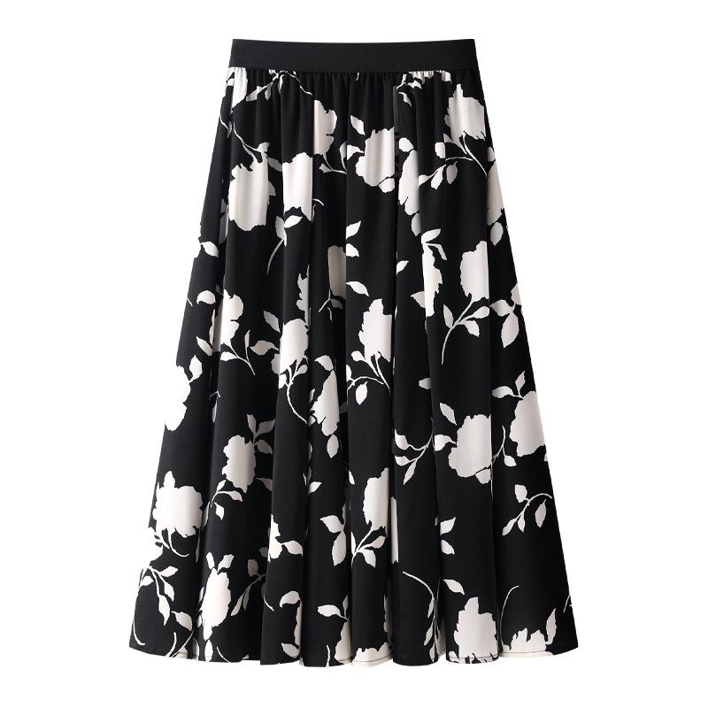 Women's Black & White Floral High Waisted Pleated Chiffon Midi Skirt, Spring/Summer 2025 Collection
