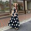 French Floral Short-sleeved Dress Women's Summer New Temperament Waist and Thin Bubble Sleeves Coffee Break Long Skirt