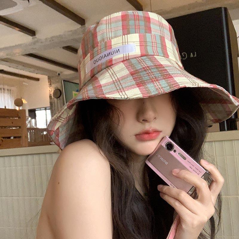 Plaid Fisherman Hat Children's Summer New Fashion Travel Vacation Basin Hat Big Brim Sunscreen Hat
