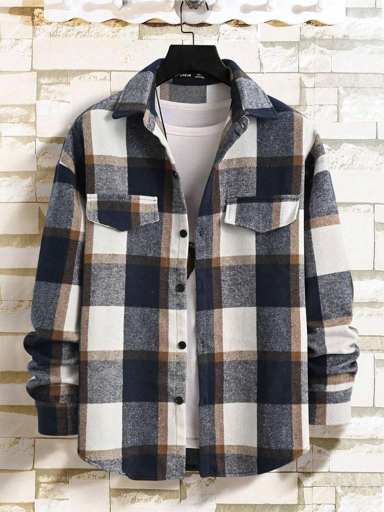 Men's Retro Plaid Brushed Long Sleeve Shirt Jacket with Elegant Lapel