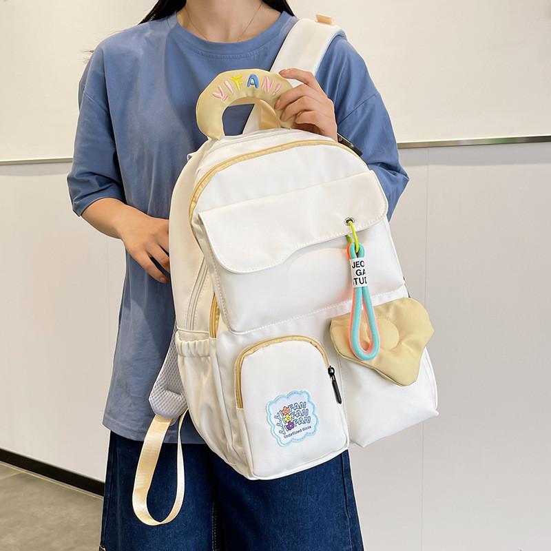 Handle Colorful Embroidered Design Color Blocked Student Backpack For Use Daily