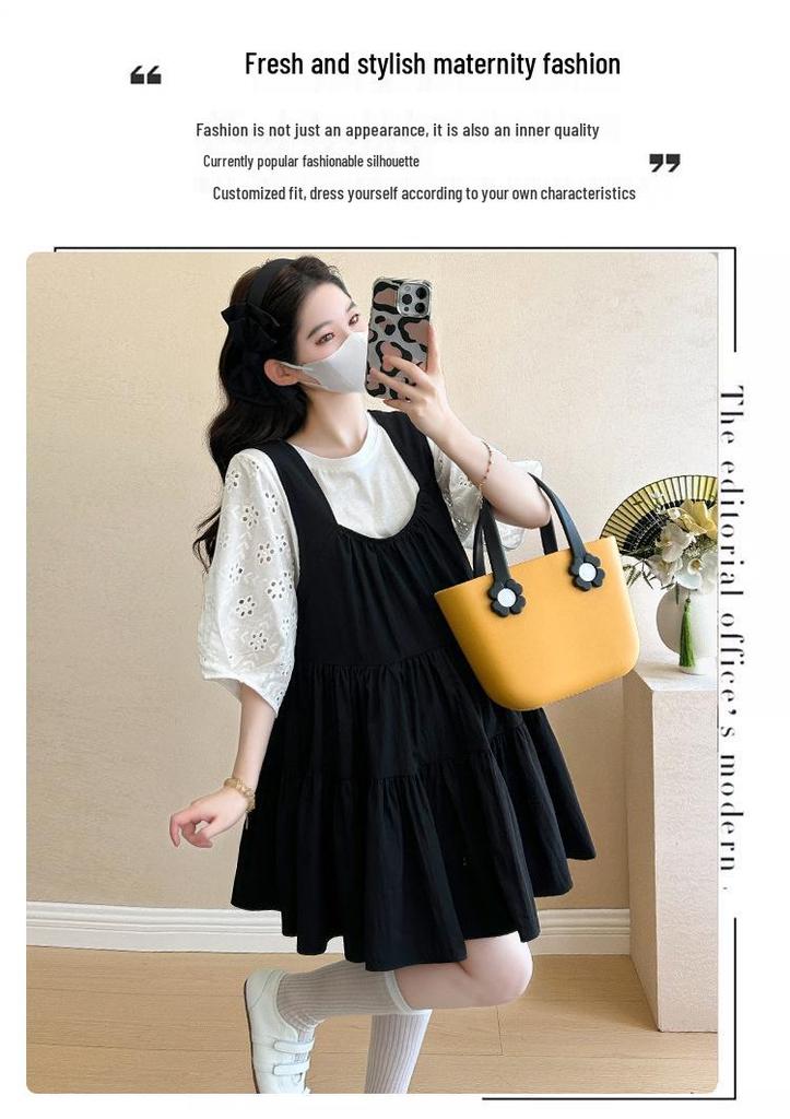 2026 Summer Short Sleeve Hollow Out T-shirt & Reversible U-Neck Doll Dress Maternity Set
