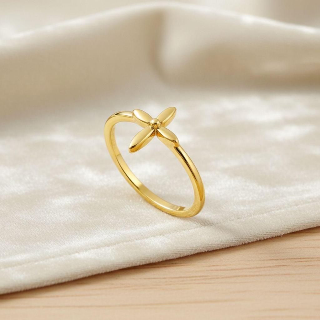 925 Sterlingsilber Gold Vermeil Vierblättriger Floral Minimalistischer Damenring