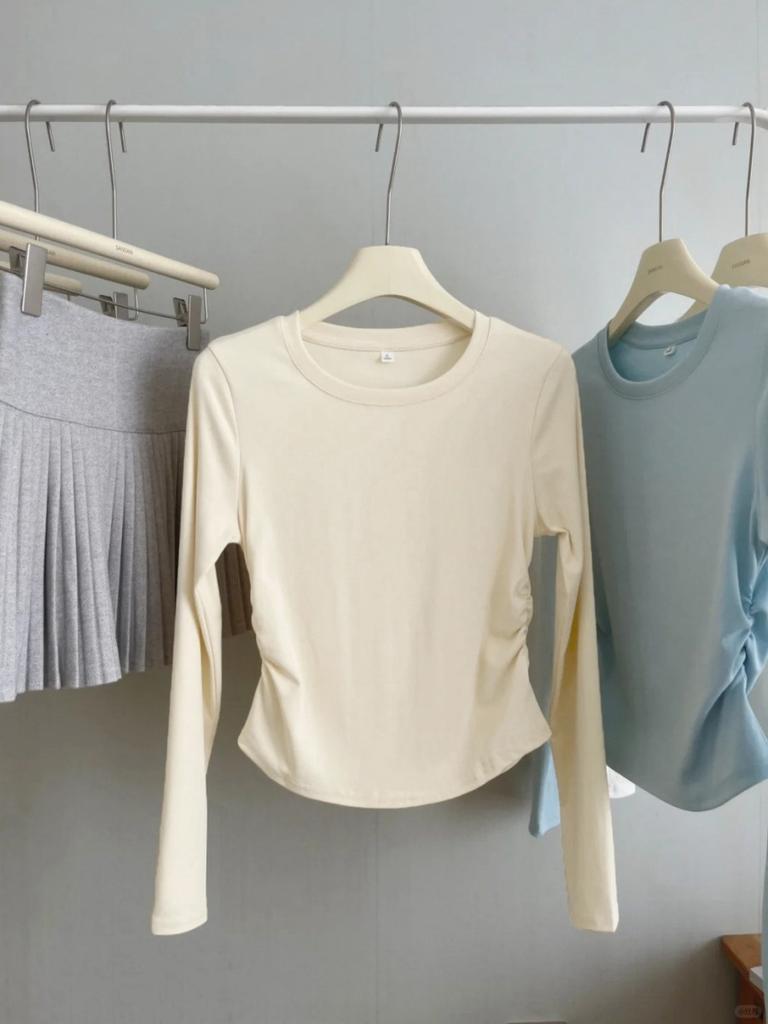 Spring new card waist pleated T-shirt women's inner top pure desire style bm front shoulder thin long-sleeved bottoming shirt