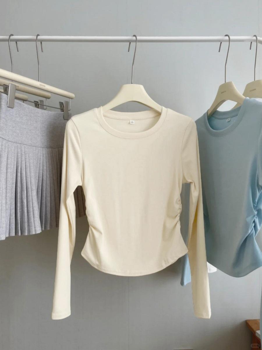 

Milk blue front shoulder T-shirt women s waist pinch pleated irregular short top spring bottoming shirt long sleeve inner XL абрикосовый