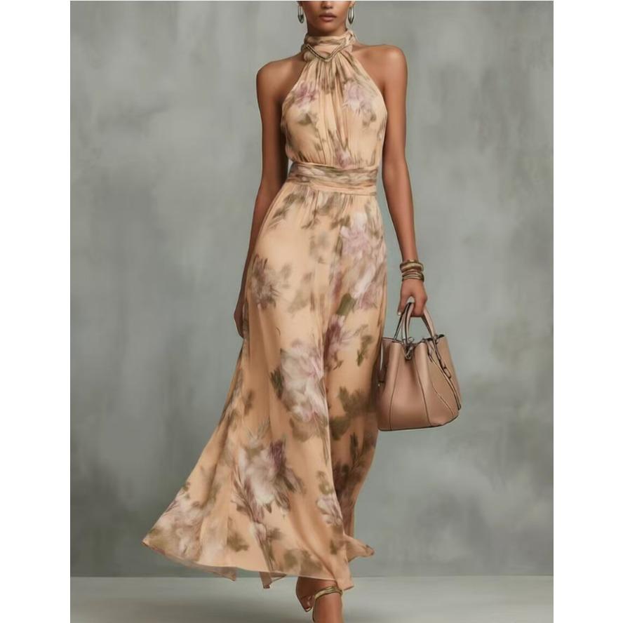 YYFS Abiti casual senza maniche con stampa floreale, a vita alta, con scollo a V, alla moda estiva da donna