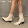 Chunky Pointed Toe Women Ankle Boots Sexy Designer Mid Heels Shoes 2025 Trend Winter Leather Fashion Pumps Chelsea Botas Mujer